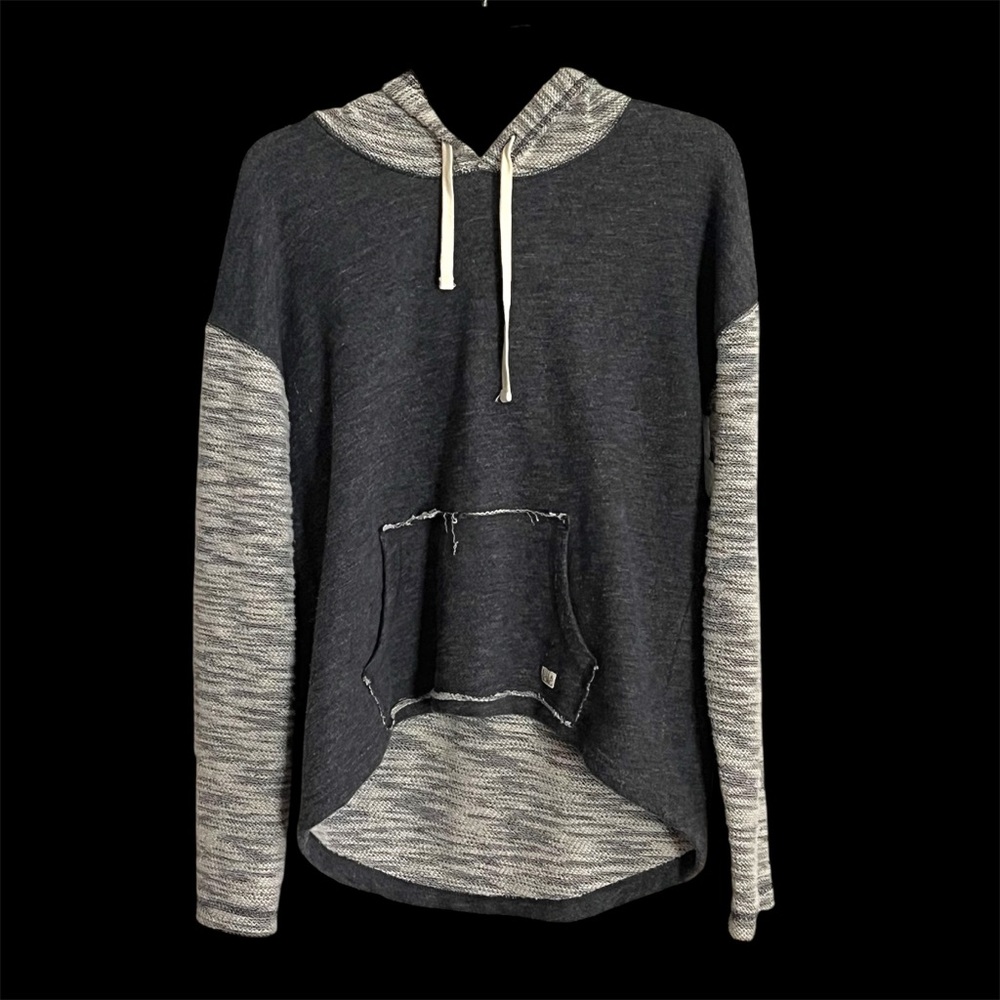 Billabong Charcoal & Grey Hi-Low Raglan Raw-Edge Kangaroo Slub-Knit Hoodie NWT - Picture 7 of 16